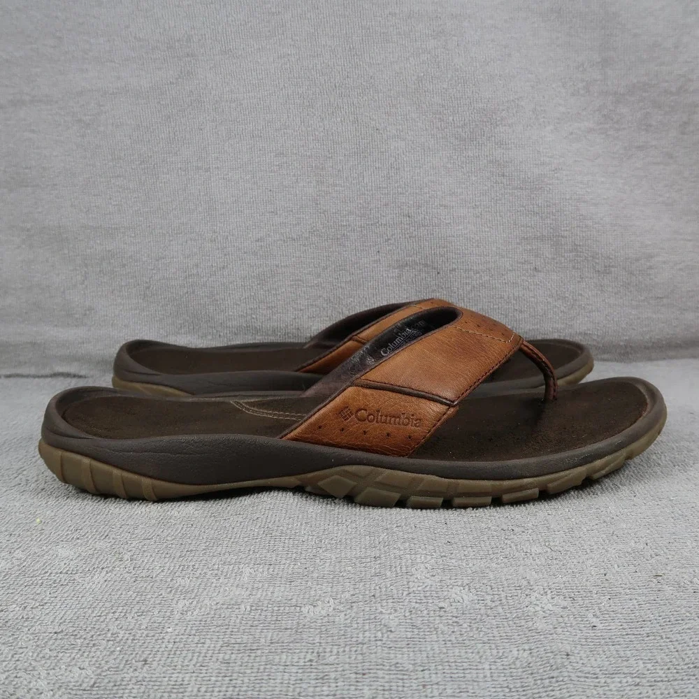 Columbia Nassau Mens 11 Brown Leather Slip On Thong Flip Flop Sandals